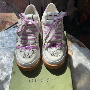 Gucci Cream & Pink Platform Ace Sneaker with GG Paneling